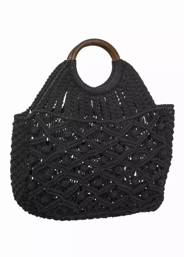 Magid Natural Cotton Macrame Circle Wooden Handle Handbag — 001-BLACK
