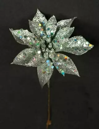 XP1012sil – 4” Sparkle/Glitter poinsettia pick “dz”