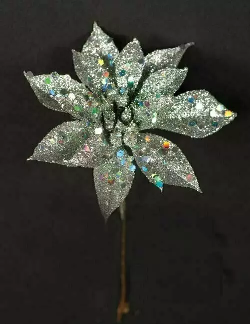 XP1012sil – 4” Sparkle/Glitter poinsettia pick “dz”