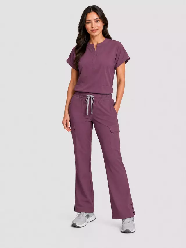 Rhea | Mandarin Collar Top with 10-Pocket Boot Cut Pant Set — Dusty Mauve / 2XL