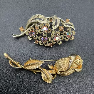 Vintage Lisner Gold Tone Floral & Rose Brooch Lot of 2 AB Rhinestones