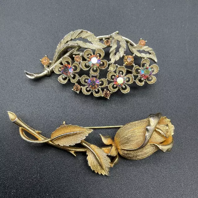 Vintage Lisner Gold Tone Floral & Rose Brooch Lot of 2 AB Rhinestones