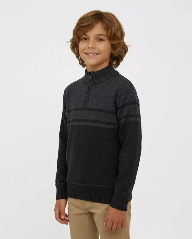 Little Boys' Striped Quarter Zip Sweater W26-4 — 4-5-6-7 / W02 Charcoal