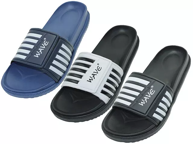 S2060M - Wholesale Men's "Easy USA" Velcro Upper with Black/White Stripe Upper Slide Sandal — Assorted - : Black, Royal & Gray (S2060M) / 7-12 Assorted