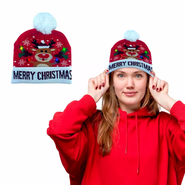 Christmas 2025 Colorful Warm LED Holiday Pom Pom Beanie Hat — Reindeer