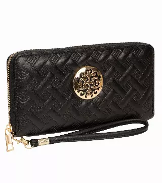 Rebecca & Rifka Smooth Basket Weave Quilt Medallion Zip Wristlet Wallet — BK/GD