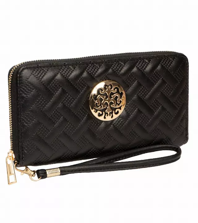 Rebecca & Rifka Smooth Basket Weave Quilt Medallion Zip Wristlet Wallet — BK/GD