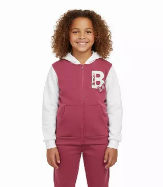 GIRLS PINK B Beautiful Chenille Patch Fleece Zip Front with Hood Jogset-8644727
