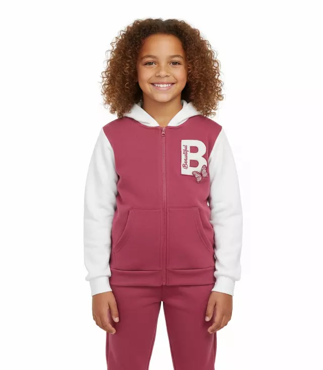 GIRLS PINK B Beautiful Chenille Patch Fleece Zip Front with Hood Jogset-8644727