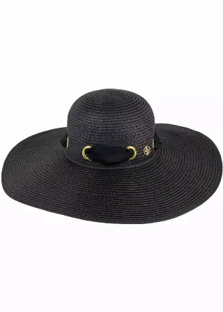 Adrienne Vittadini Straw Grommet Ribbon Large Brim Floppy Hat — BLACK