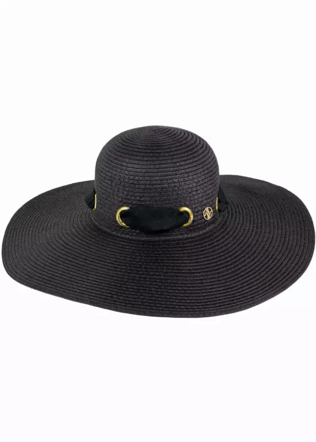 Adrienne Vittadini Straw Grommet Ribbon Large Brim Floppy Hat — BLACK