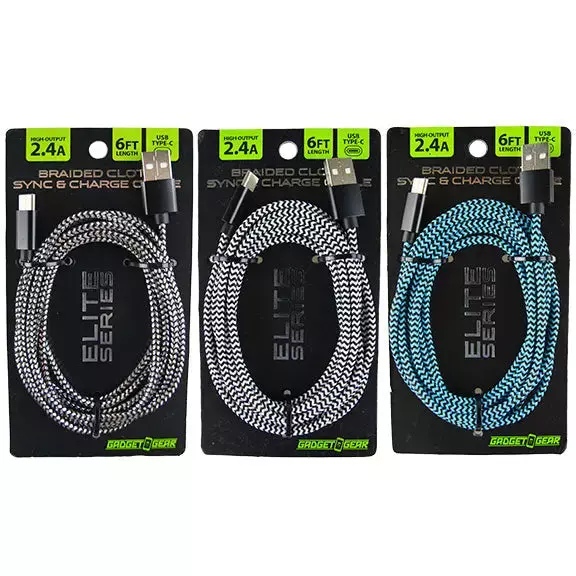 Charging Cable Elite Braided USB to USB-C 6FT - 3 Pieces Per Pack 28171