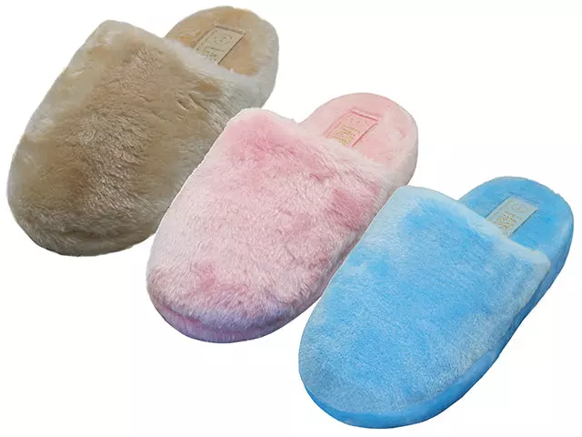 S831L - Women's "Easy USA" Fuzzy Plush Close Toe House Slippers — Assorted - Beige, Pink & Light Blue (S831L-A)