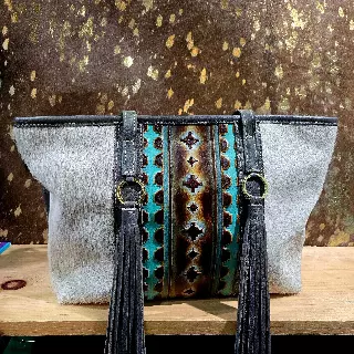 Ref. 712 — Pale hide tote with turquoise tooled panel