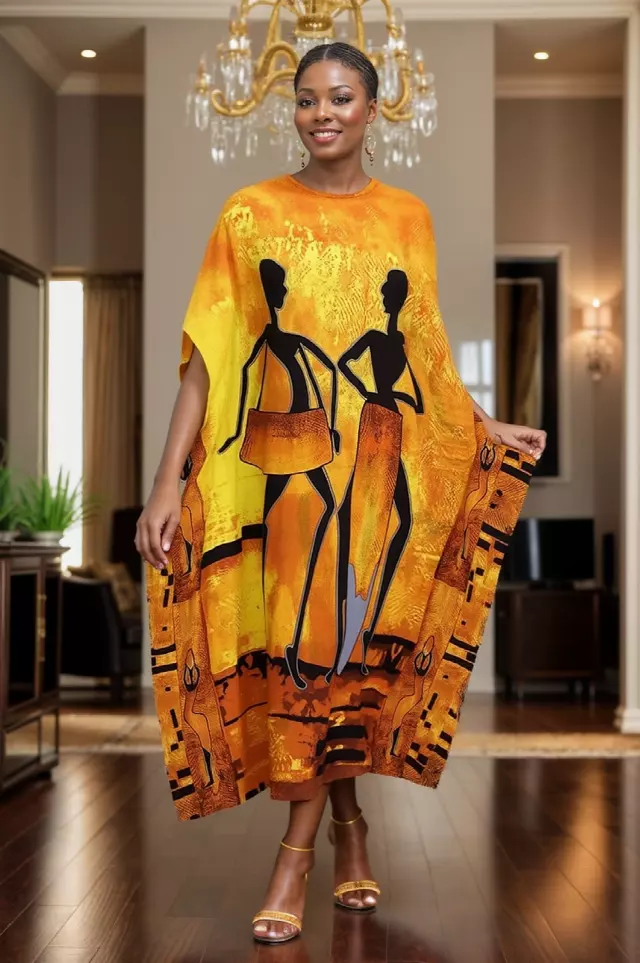 PNA-1639 - Women's Comfy Kaftan Dress with Headwrap- One Size (6-PCS PRE-PACK) - $7 Each — One Size (4-24) / Print-1639C