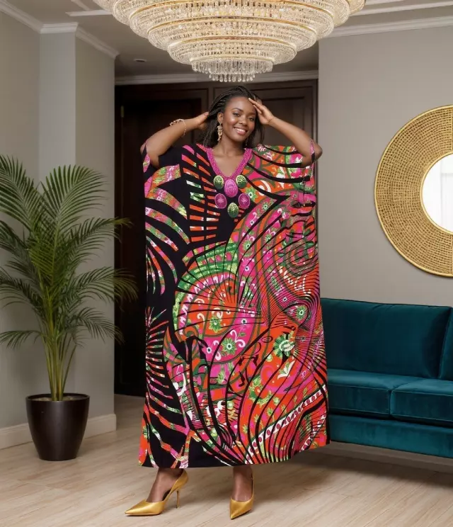PNA-1601- Women's Comfy Kaftan Dress with Headwrap- One Size (6-PCS PRE-PACK) - $7 Each — One Size (4-24) / Print-1601A