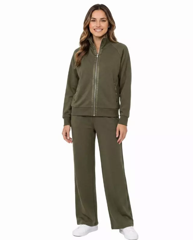 2pc Modal Lounge Set with Satin Ribbon and PearlZipper — Olive / S-M-L-XL