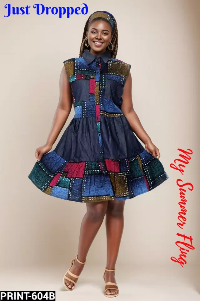 7804 - Button Down Authentic African Short Dress (3 PCS PRE-PACK) - $18.00 EACH — One Size (4 - 24) / Print-604B PD