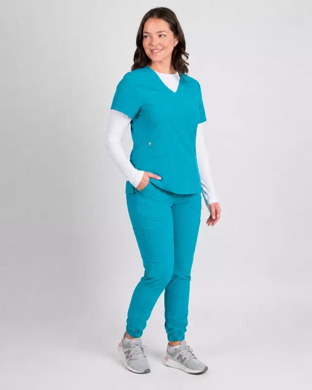 Dahlia | Mock Wrap Jogger Scrubs Set — Electric Teal / S