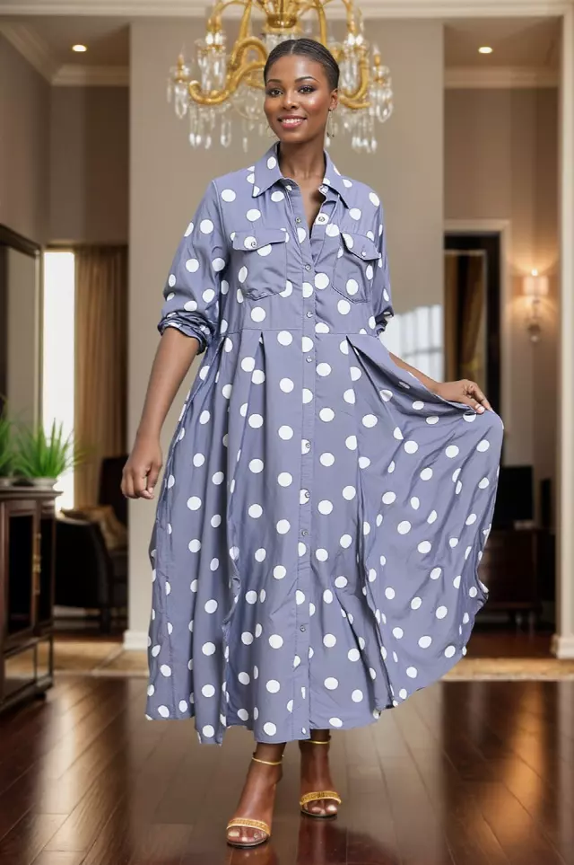 25058- Women's Ankle Length Polka Dot Dress - $25.00 Each (3 pcs per pack) — Free Size / Light Blue