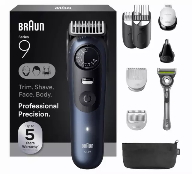 Braun Series 9 All-in-One Beard & Body Grooming Kit for Men, Cordless Trimmer, Hair Clippers & Shaver for Face, Hair & Body with Gillette Labs Razor, AIO 9530