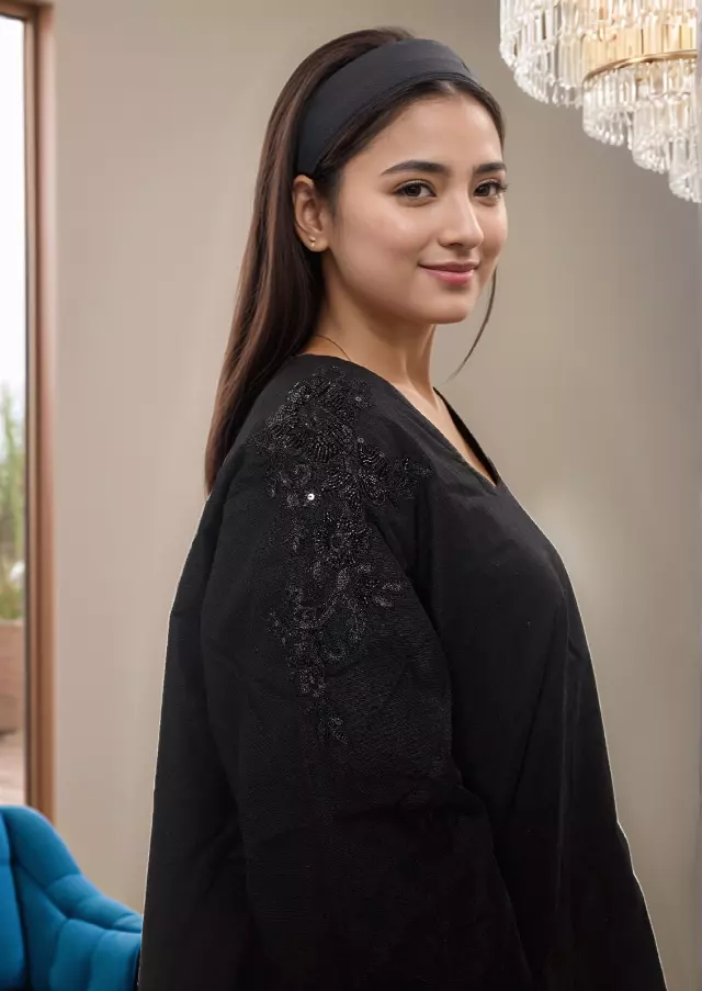 7917 S - Beautiful Shoulder Design 2pc Top + Skirt Set - $30.00 Each (3 pcs per pack) — Free Size / Black