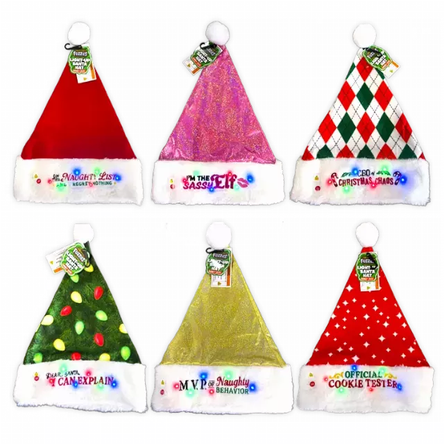 Light Up Christmas Santa Winter Hat with Merchandising Hang Strip - 6 Pieces Per Pack 26170