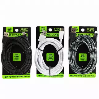 Charging Cable Cloth USB 3.1 to USB-C 9FT - 3 Pieces Per Pack 22440