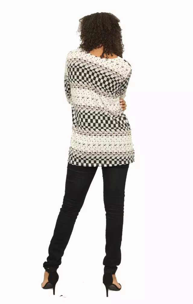 17052- Printed Lightweight Tie-Neck Stretch Tunic Top (6-PCS PRE-PACK - S/M/L/XL) — WHITE PRINT