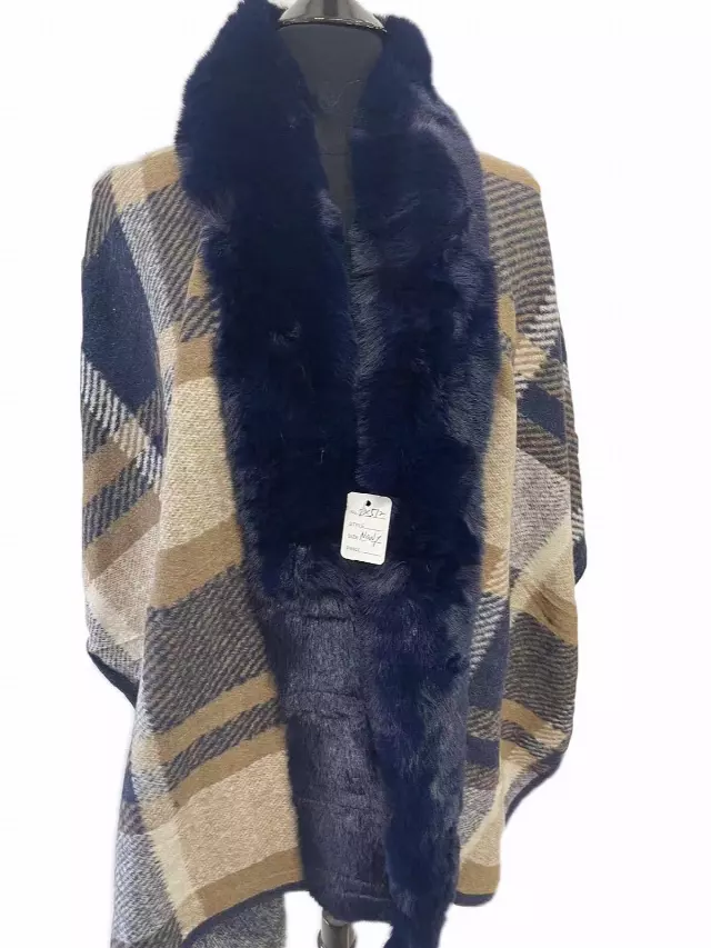TX512 Faux Fur Plaid Cape — Navy