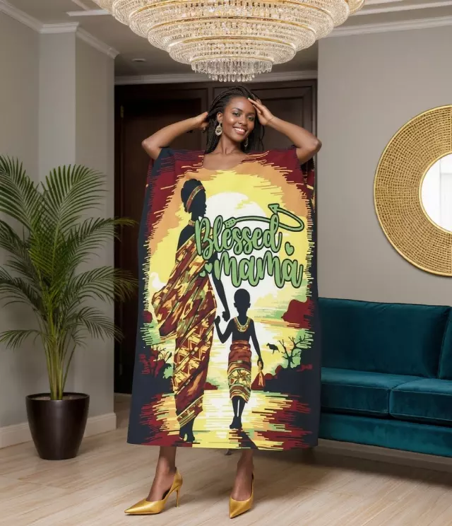 PNA-1606- Women's Comfy Kaftan Dress with Headwrap- One Size (6-PCS PRE-PACK) - $7 Each — One Size (4-24) / Print-1606C