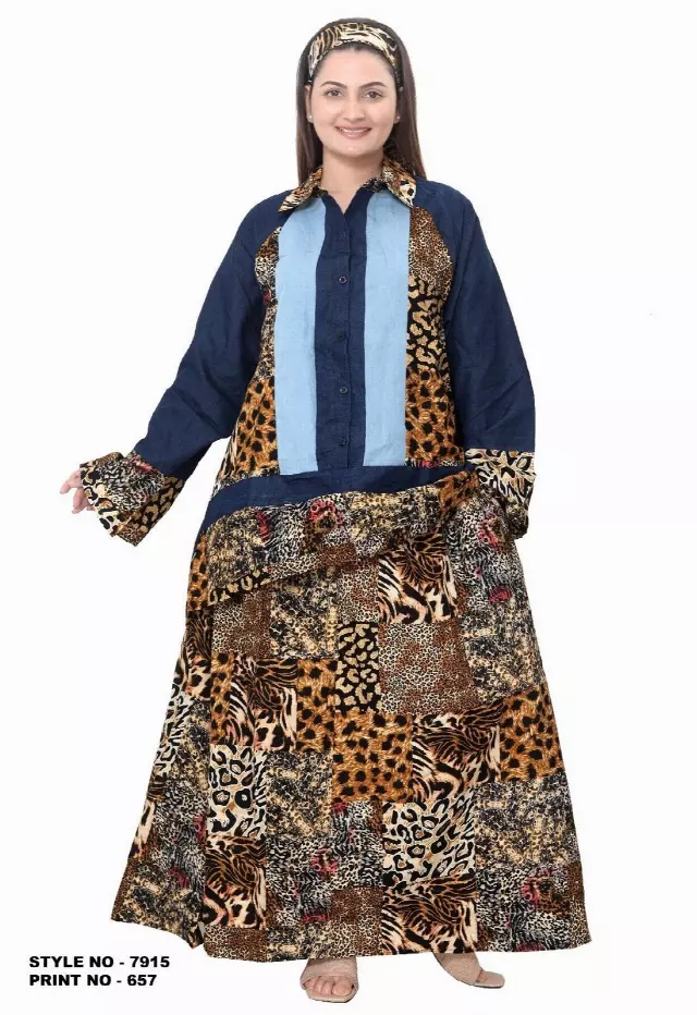 7915- Women's Button Down Collared Denim with Animal Print 2 Pc Skirt Set - $30.00 Each (3 pcs per pack)
