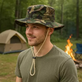 Camo "Safari" Bucket Hat With Snaps And Draw String