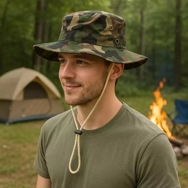 Camo "Safari" Bucket Hat With Snaps And Draw String