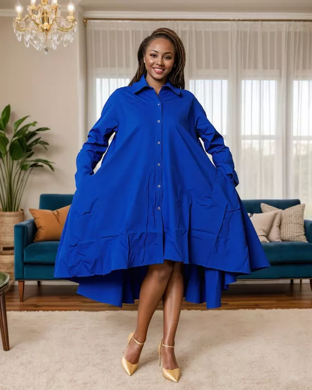 7042-S - Button Down Solid Shirt Dress in High Low Style (3 PCS PRE-PACK) - $25.00 Each — One Size (4 - 26)) / Royal Blue