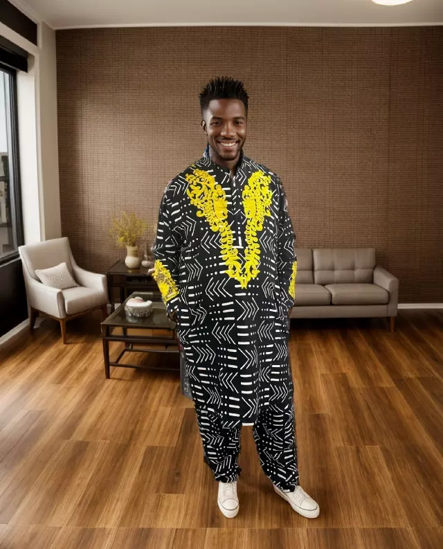 18035LS- Men's Ankara 3 pc Set (Top, Pants & Kufi) - (3 Per Pack) - $25.00 EACH — One Size Fits Most / 617B