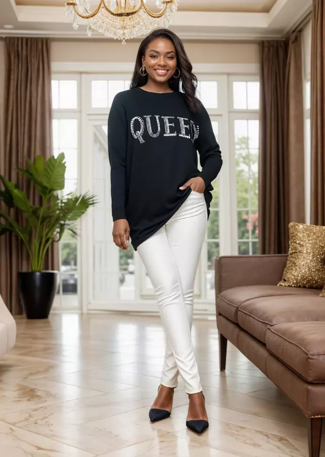 25017 - Women's Embellished "QUEEN" Round-Neck Sweater (3-PCS PRE-PACK) ($18.00 Each) — Black / One Size Fits Most