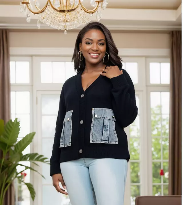 25027 - Women's Big Pockets Denim V-Neck Sweater ($30.00 Each) — Black / One Size Fits Most