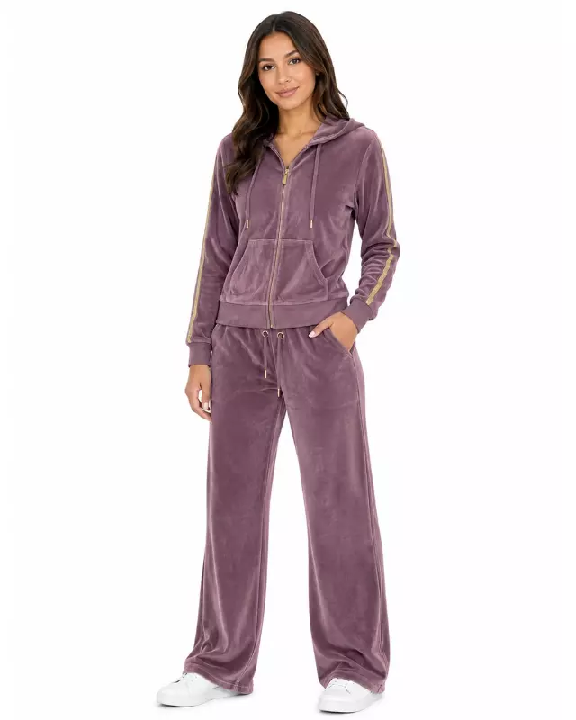 Women’s Velour Zip Hoodie & Wide-Leg Pant Set #08 — Mauve / S-M-L