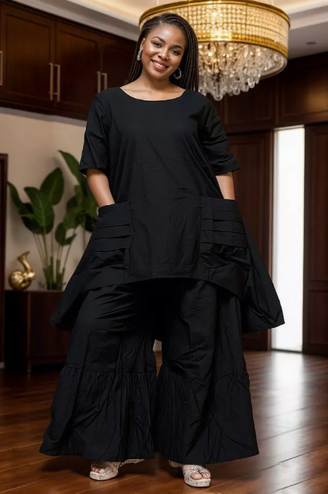 7864 L Linen 2pc Pant Set Authentic African Design - $25 Each (3 pcs per pack) — One Size / Black