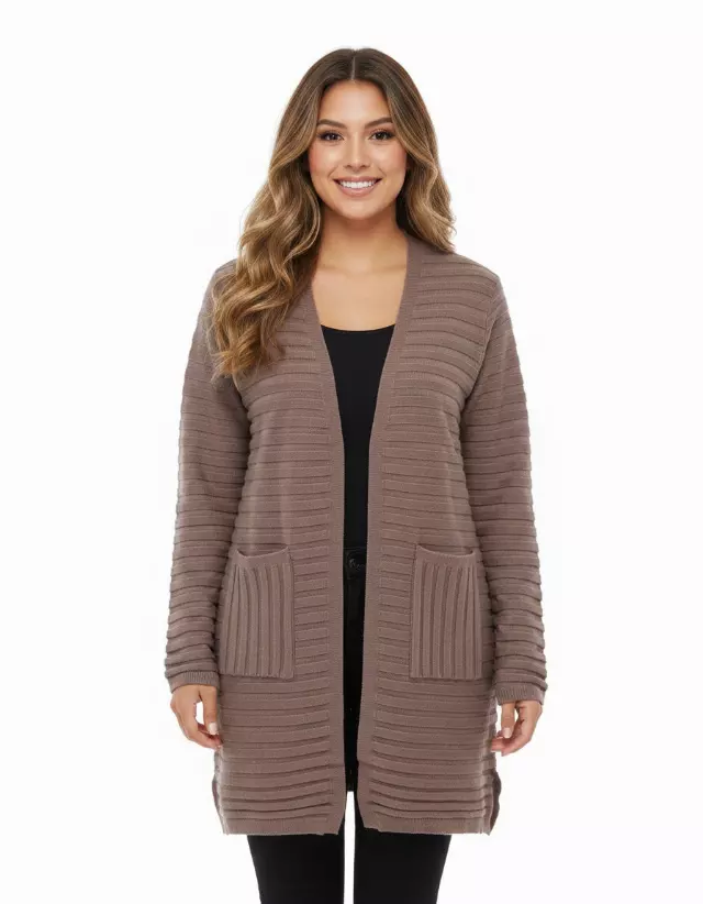 Open Front Cardigan with Horizontal Ribbed Knitting — Taupe / S-M-L-XL-2XL