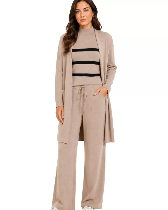 Women's 3-Piece Ribbed Knit Loungewear Set #105 — Beige / S/M-L/XL