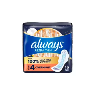Always Ultra Thin Overnight Pads With Wings Size 4 16ct Case Pack 12