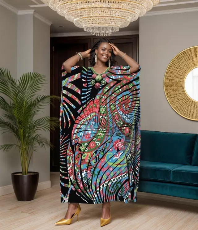 PNA-1601- Women's Comfy Kaftan Dress with Headwrap- One Size (6-PCS PRE-PACK) - $7 Each — One Size (4-24) / Print-1601B