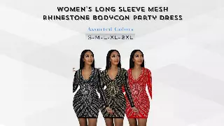 Chicaluv Wholesale - Women's Long Sleeve Mesh Rhinestone Bodycon Party Dress – Sexy Clubwear