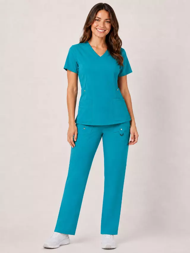 Vivian | 6-Pocket Top and Snap Pocket Straight Leg Pant Set — Electric Teal / L