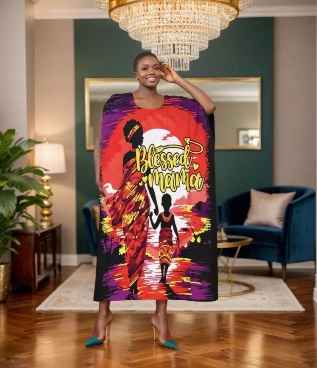 PNA-1606- Women's Comfy Kaftan Dress with Headwrap- One Size (6-PCS PRE-PACK) - $7 Each — One Size (4-24) / Print-1606B