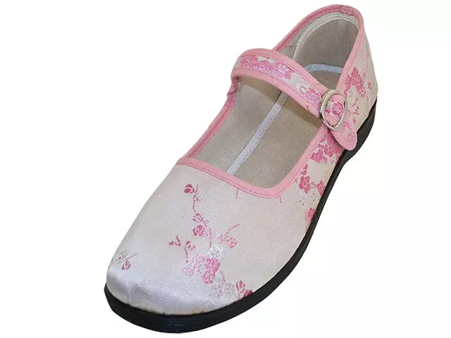 T2-113L - Women's "Easy USA" Satin Brocade Plum Flower Upper Mary Jane Shoes — Pink (T2-113L-P) / 5-10 Assorted