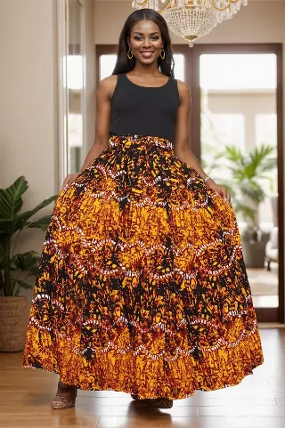 7001SK - 8 Panel African Print Skirt - Authentic African Wax (3-PCS PRE-PACK) - $25 Each — One Size / Print-609 / 3-Pcs Per Pack