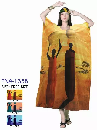 PNA-1358 - Women's Colorful Lady Figure Print Long Kaftan Dress - One Size (12-PCS 0PRE-PACK-$6 Each)